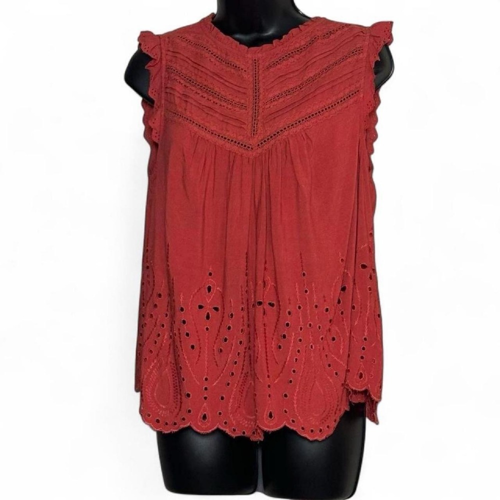 TORRID rust color sleeveless eyelet & lace blouse ruffles intricate pleating